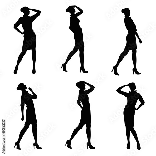 Collection of six elegant female silhouettes in stylish dresses and high heels striking various confident and graceful poses against a clean white background ideal for fashion and business concepts