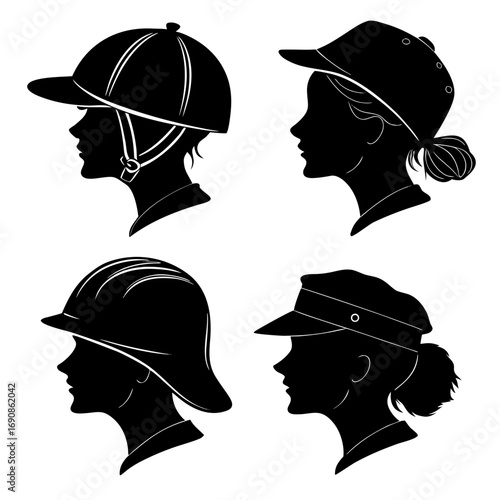 Silhouette profiles of four women wearing different types of hats including a riding helmet a baseball cap a construction hard hat and a military cap showcasing diverse headwear styles