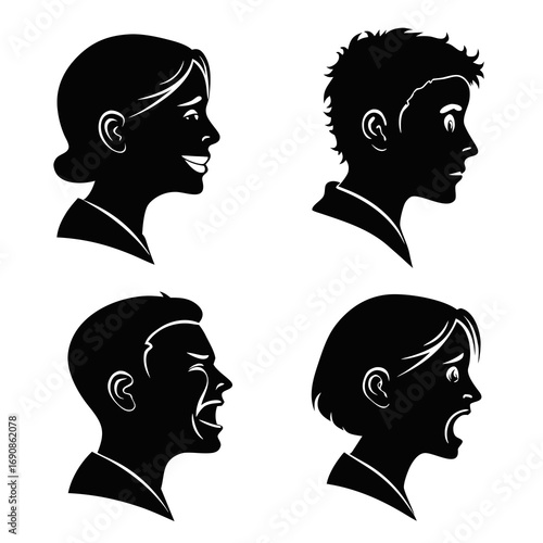 Four distinct black silhouette profile portraits of people expressing different emotions including joy surprise sadness and fear on a white background