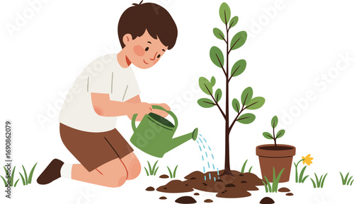 Cartoon Style Boy Watering Plant Seedling in Garden Illustration