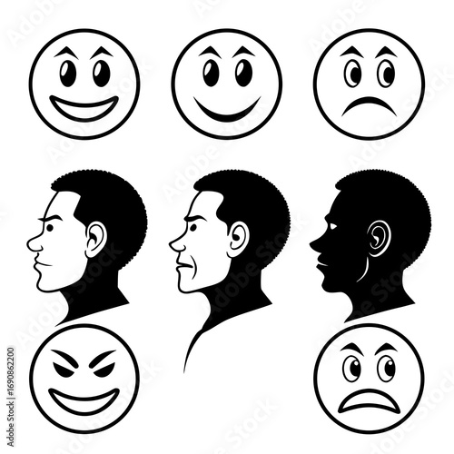Collection of expressive emoticons and profile silhouettes of men showing various emotions like happiness sadness anger and evilness against a white background