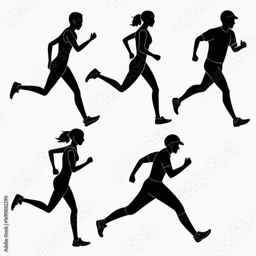 Diverse group of five athletic individuals in silhouette form captured mid stride while running representing various genders and ages in dynamic motion against a clean white background