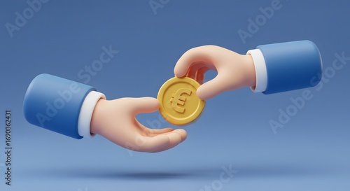 Digital Illustration of Hands Exchange Euro Coin with Blue Sleeves on Blue Background
