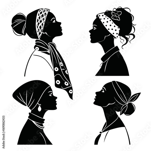 Four elegant black silhouette profile portraits of women wearing stylish headscarves and neckerchiefs with diverse patterns and hairstyles showcasing fashion and beauty
