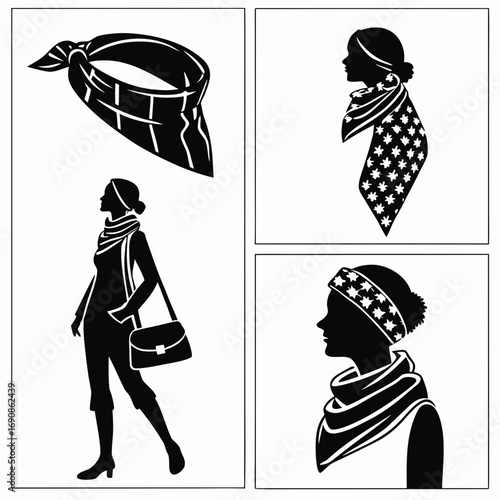 Collection of black and white silhouette illustrations showcasing various stylish ways to wear scarves and accessorize with a handbag and hat perfect for fashion and design concepts
