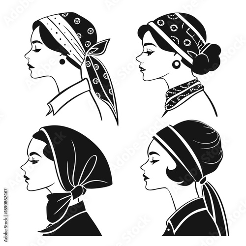 Elegant vintage style profile portraits of four women wearing different headscarf and bandana styles in black and white graphic illustration