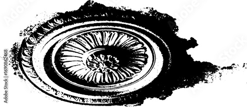 Grunge black and white illustration of ornate circular design for artistic and urban decor