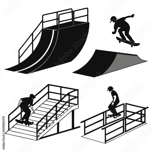 Collection of skateboard ramps and silhouettes of skateboarders performing tricks in a dynamic urban sports graphic design illustration