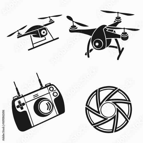 Set of four black and white vector icons representing drones a remote control and a camera lens aperture symbolizing aerial photography and technology