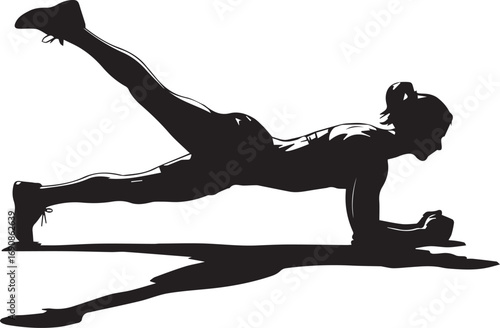 Silhouette of a fitness athlete performing a plank with one leg extended for core strength and endurance exercise