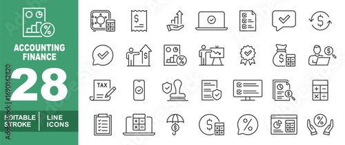 Accounting Finance line icon set. Editable stroke icons for Accounting Finance. Containing financial report, safe with calculator, receipt, growing chart, laptop with checkmark, checklist document