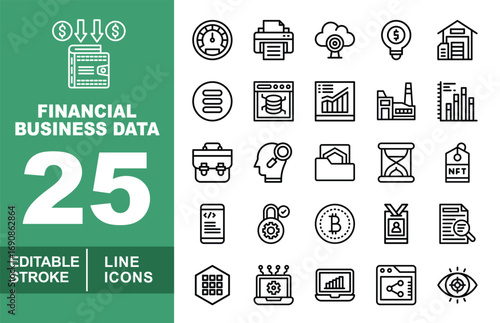 Financial Business Data line icon set. Editable stroke icons for Financial. Containing speedometer, printer, cloud camera, money idea, warehouse, menu, database, graph, factory, bar chart, briefcase