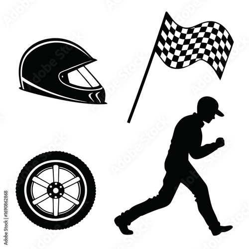 Collection of racing icons including a checkered flag a racing helmet a car tire and a silhouette of a runner celebrating victory on a white background