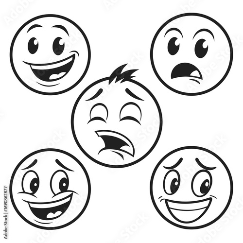 A collection of five cartoon emoji faces displaying various emotions including happiness surprise sadness shock and laughter in a simple black and white line art style