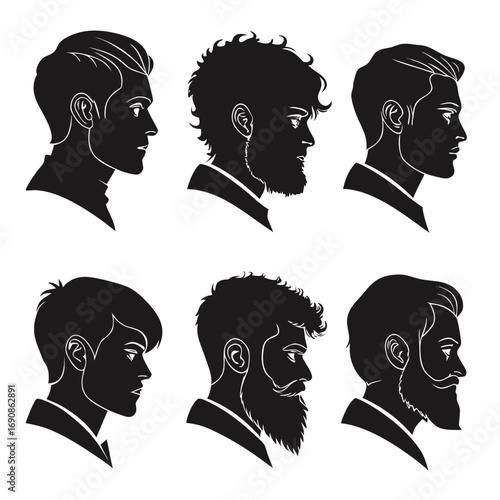 Collection of six diverse male profile silhouettes showcasing various hairstyles and beard styles in a clean black and white graphic design