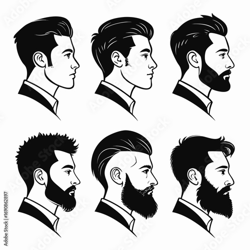 Collection of six stylized profile illustrations of men s hairstyles and beard styles showcasing diverse grooming options for modern gentlemen in a clean black and white graphic design