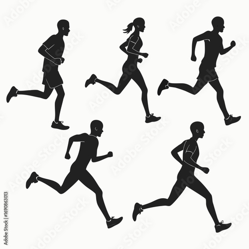 Diverse group of male and female runners in silhouette form captured mid stride in various dynamic poses representing fitness and athletic pursuit against a clean white background