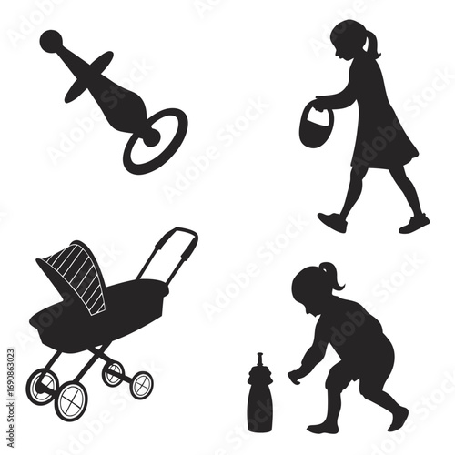 Collection of black silhouettes representing baby and toddler items and activities including a pacifier a child with a basket a baby stroller and a child reaching for a bottle