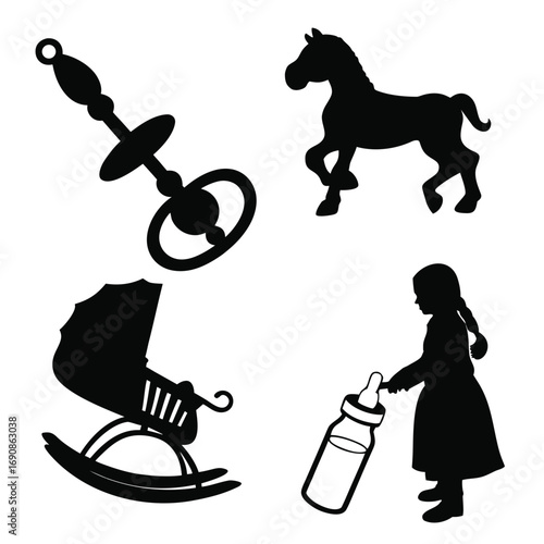 Collection of black silhouette icons representing childhood and infancy including a baby rattle a rocking horse a baby carriage and a young girl feeding a baby bottle on a white background
