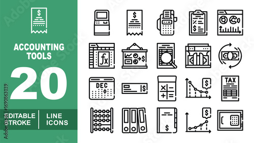 Accounting Tools line icon set. Editable stroke icons for Accounting. Containing receipt, ATM, printing calculator, financial report, analytics dashboard, spreadsheet, business presentation, document 