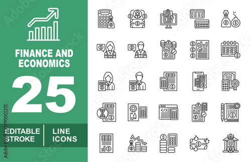 Finance and Economics line icon set. Editable stroke icons for Financial. Containing growth, moneybag, transaction, report, cashless, debt, consultant, accountant, statement, calendar, female, male