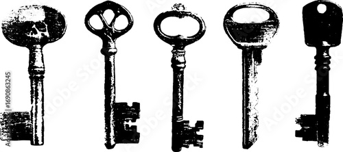 Grunge black and white vintage key collection for design and decoration