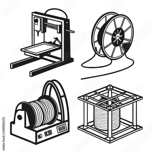 Set of four black and white isometric line art illustrations depicting a 3d printer and three different types of filament spool holders for additive manufacturing and crafting projects