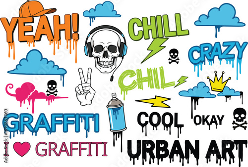 Colorful graffiti illustration set with skull, spray can, crown, lightning bolt, urban street art design elements, cool trendy style