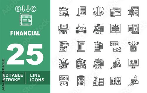 Financial line icon set. Editable stroke icons for Accounting. Containing money transfer, financial market, financial report, money balance, business finance, banking, cash machine, locked money