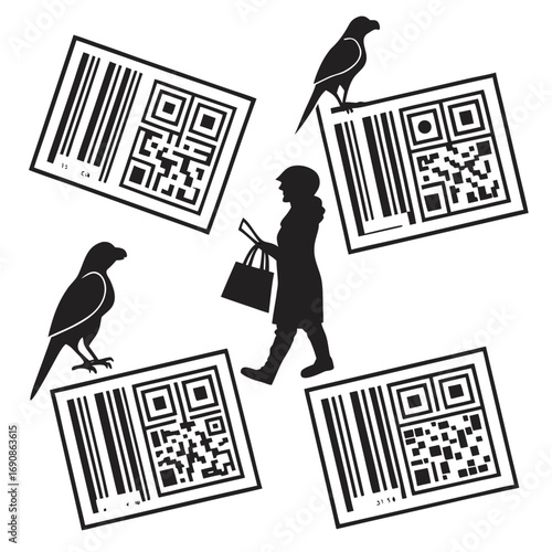 Silhouette of a person with shopping bags walking amidst qr codes and perched birds symbolizing digital commerce and nature interaction