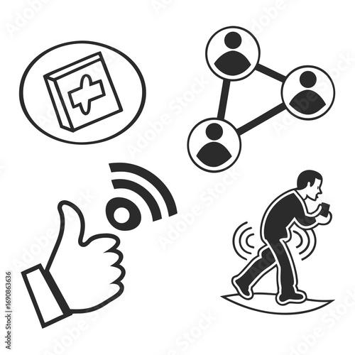 A collection of simple black and white icons representing technology and communication including a medical symbol a social network a thumbs up with wifi signal and a person using a smartphone