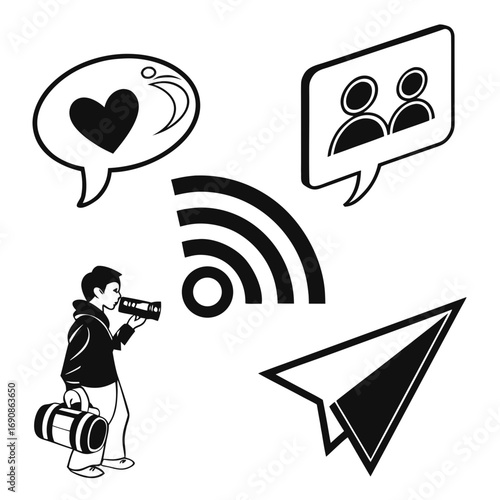Collection of modern social media and communication icons including a person with a camera a heart speech bubble a wi fi symbol a paper airplane and a chat bubble with two people
