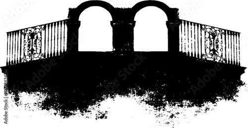 Grunge black and white ornate archways with railings for urban design and decor