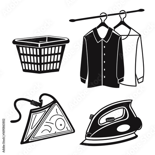A collection of laundry related items including a laundry basket two shirts hanging on a rack a steaming iron and a triangular ironing board for domestic chores and household tasks