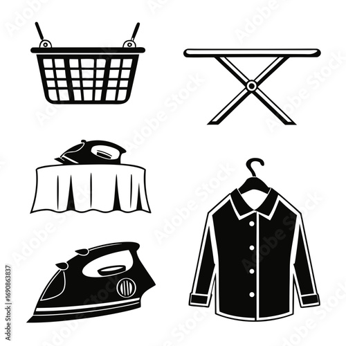 A collection of black and white icons representing laundry and ironing tasks including a basket ironing board two irons a tablecloth and a shirt on a hanger