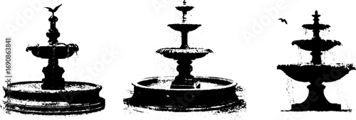 Ornate black and white grunge fountains silhouette set for urban vintage design
