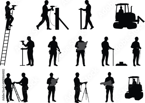 Construction workers with drills, ladders, surveying equipment and heavy machinery silhouette set, industrial labor black worker vector illustration for building site and engineering design