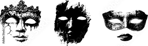 Ornate grunge black and white mask illustrations for creative design projects