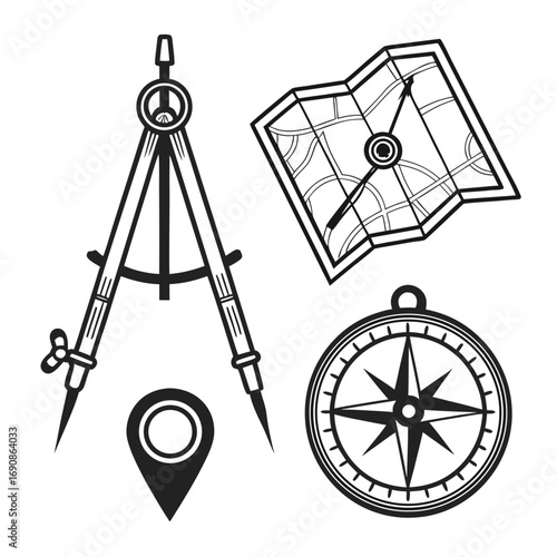 A collection of navigational tools including a drawing compass a folded map a location pin and a compass rose presented in a clean black and white graphic style for design projects