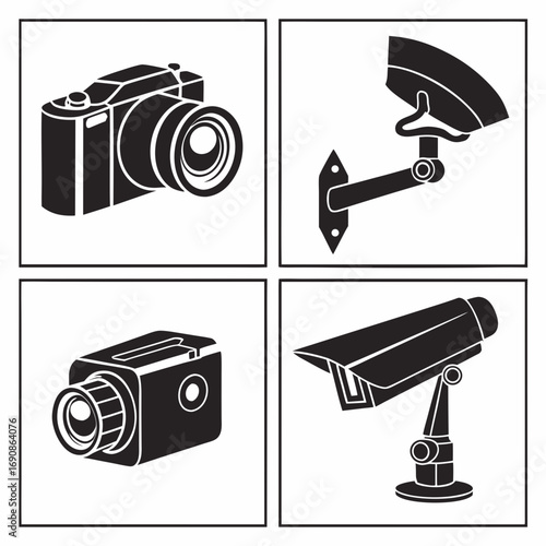 Collection of four black and white silhouette icons depicting different types of cameras including a dslr camera a dome security camera a compact video camera and a bullet security camera