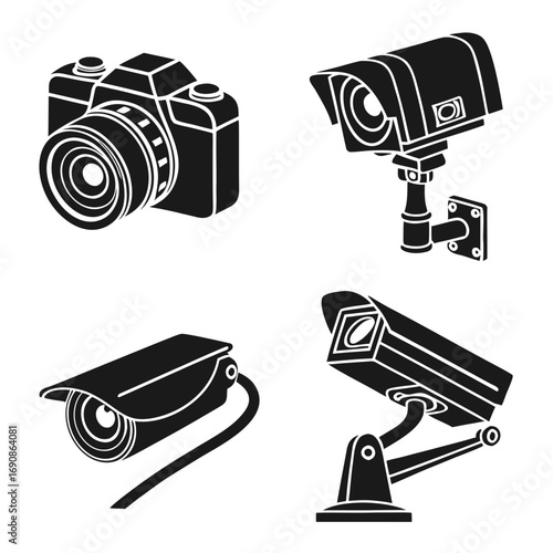 Collection of four black silhouette icons featuring a dslr camera and three different types of surveillance security cameras mounted on walls and stands for monitoring and recording