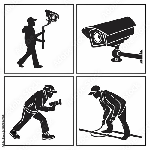 Surveillance and investigation concepts illustrated by silhouettes of people and security cameras depicting monitoring and information gathering activities