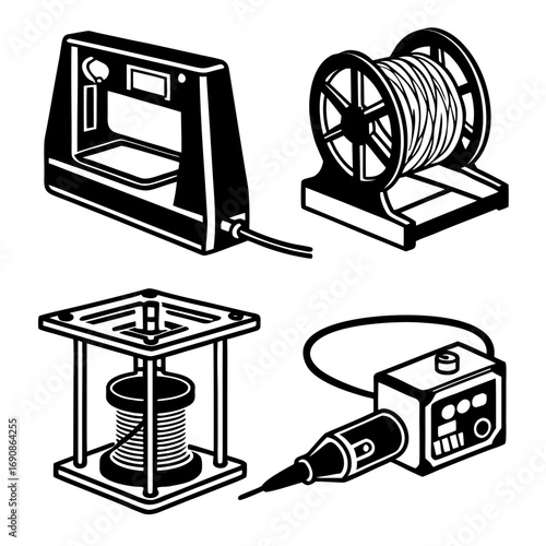 Collection of four black and white isometric illustrations depicting 3d printing equipment a spool of filament a filament holder and a soldering iron with its base unit