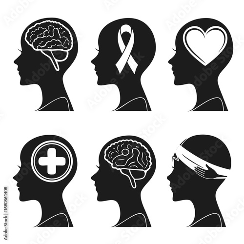 Collection of six black silhouette profile head icons representing various aspects of mental health and well being including brain awareness ribbon heart medical symbol and hands supporting head