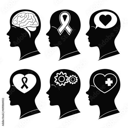 Set of six black silhouette human head profiles with symbolic icons representing brain health awareness love compassion and mechanical thinking isolated on white background