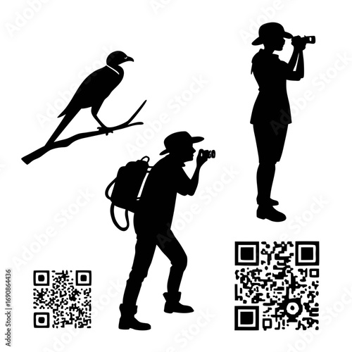 Silhouettes of birdwatchers with cameras and binoculars observing a bird perched on a branch accompanied by qr codes for digital interaction