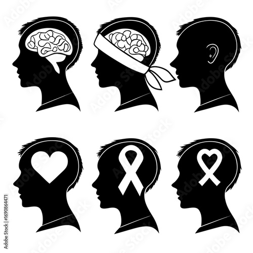 Silhouettes of human heads in profile showcasing different internal symbols representing brain health awareness love and support for various causes and conditions