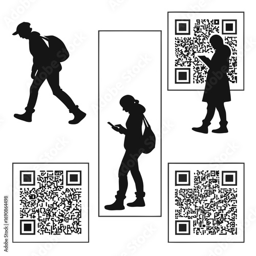 Silhouettes of people interacting with qr codes on their smartphones representing modern technology digital communication and everyday life in a connected world