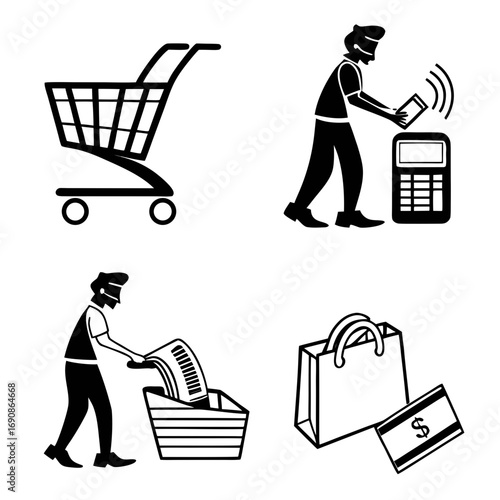 Four simplified black and white icons illustrating the process of shopping and payment including a shopping cart contactless payment scanning items and a shopping bag with a credit card