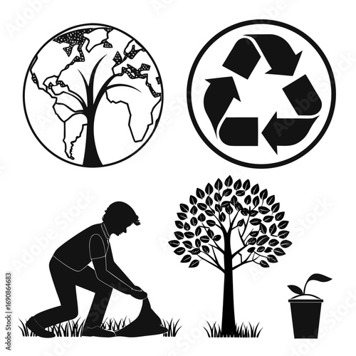 Illustration of environmental conservation and sustainability concepts including a tree shaped planet earth a recycling symbol a person planting a tree and a sapling in a pot